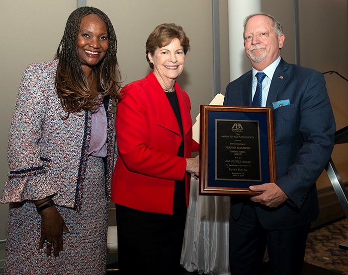 Shaheen receives the Justice Award from ABA President Bob Carlson and ABA Day Chair Deborah Enix-Ross